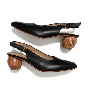 Huma Blanco Canela Black Slingback round wooden heel 39